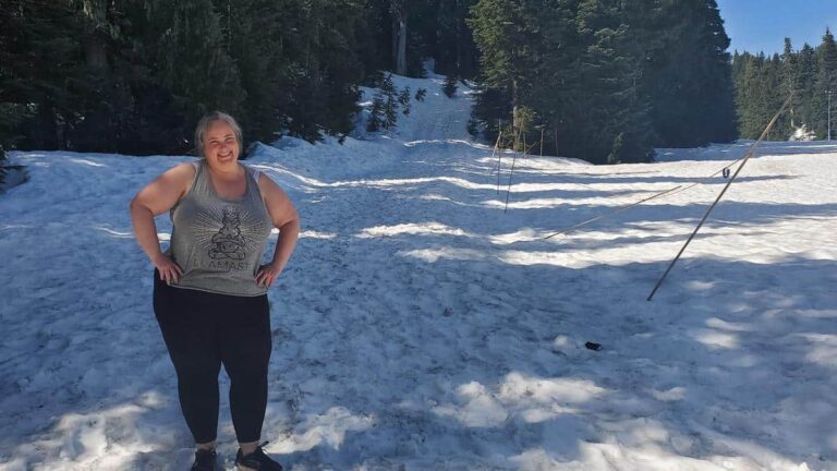 A fat girl after a snowy hike (cropped)